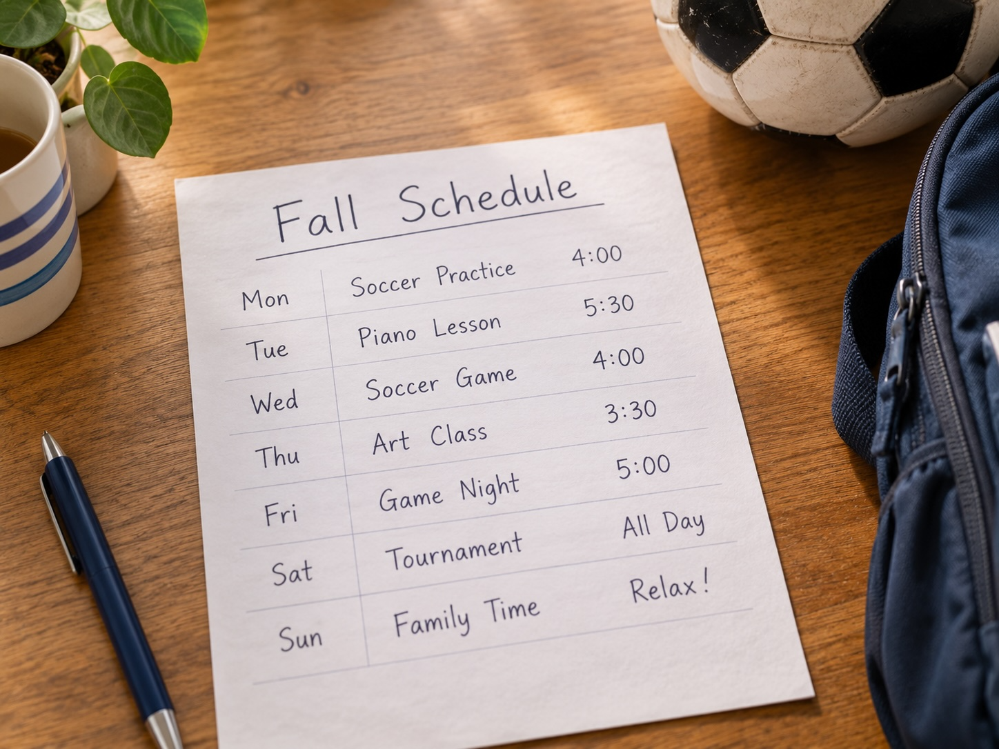 A handwritten weekly fall schedule on a kitchen table