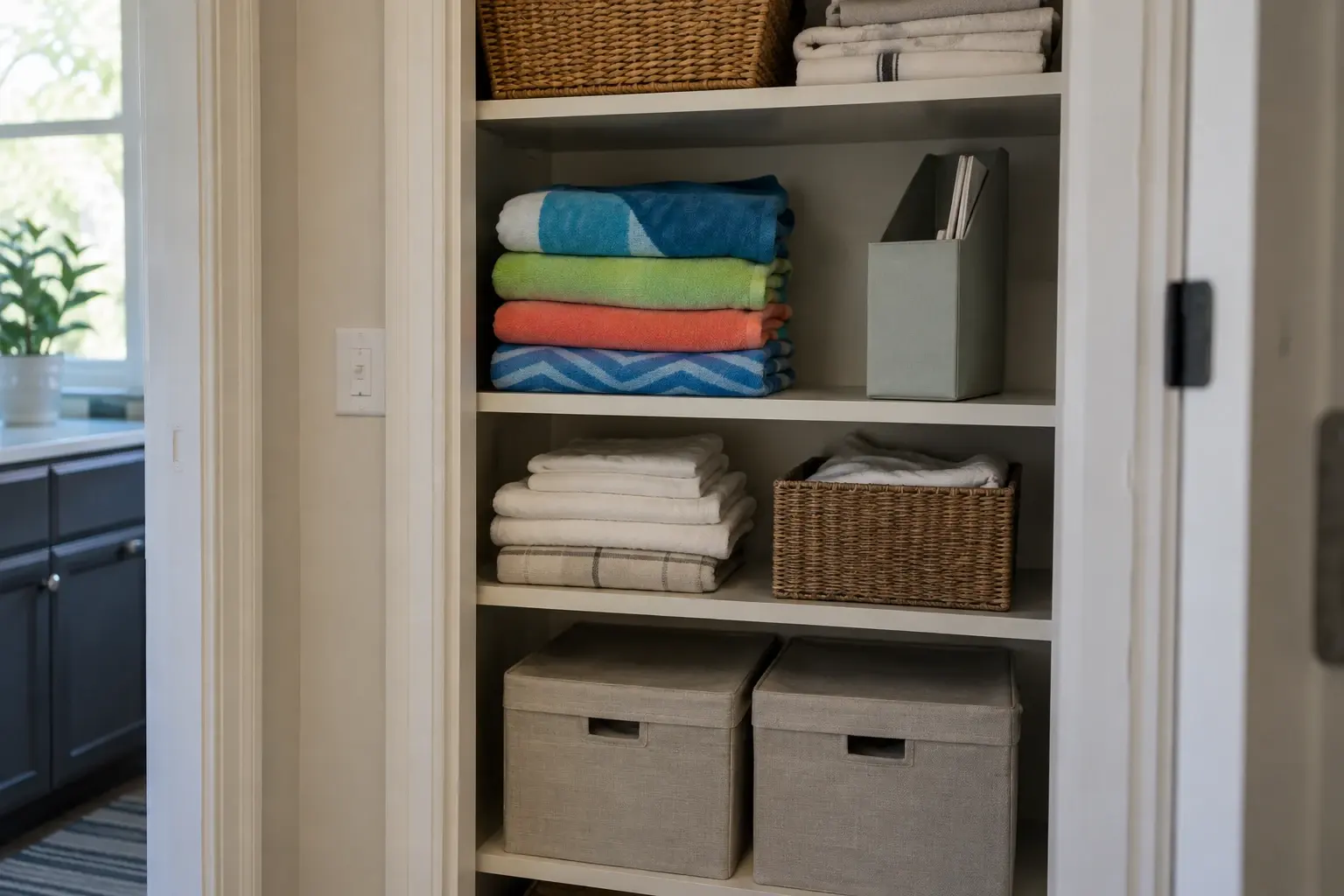 A linen closet with folded beach towels beside a gray file box of manuals, white towels, and wicker baskets.
