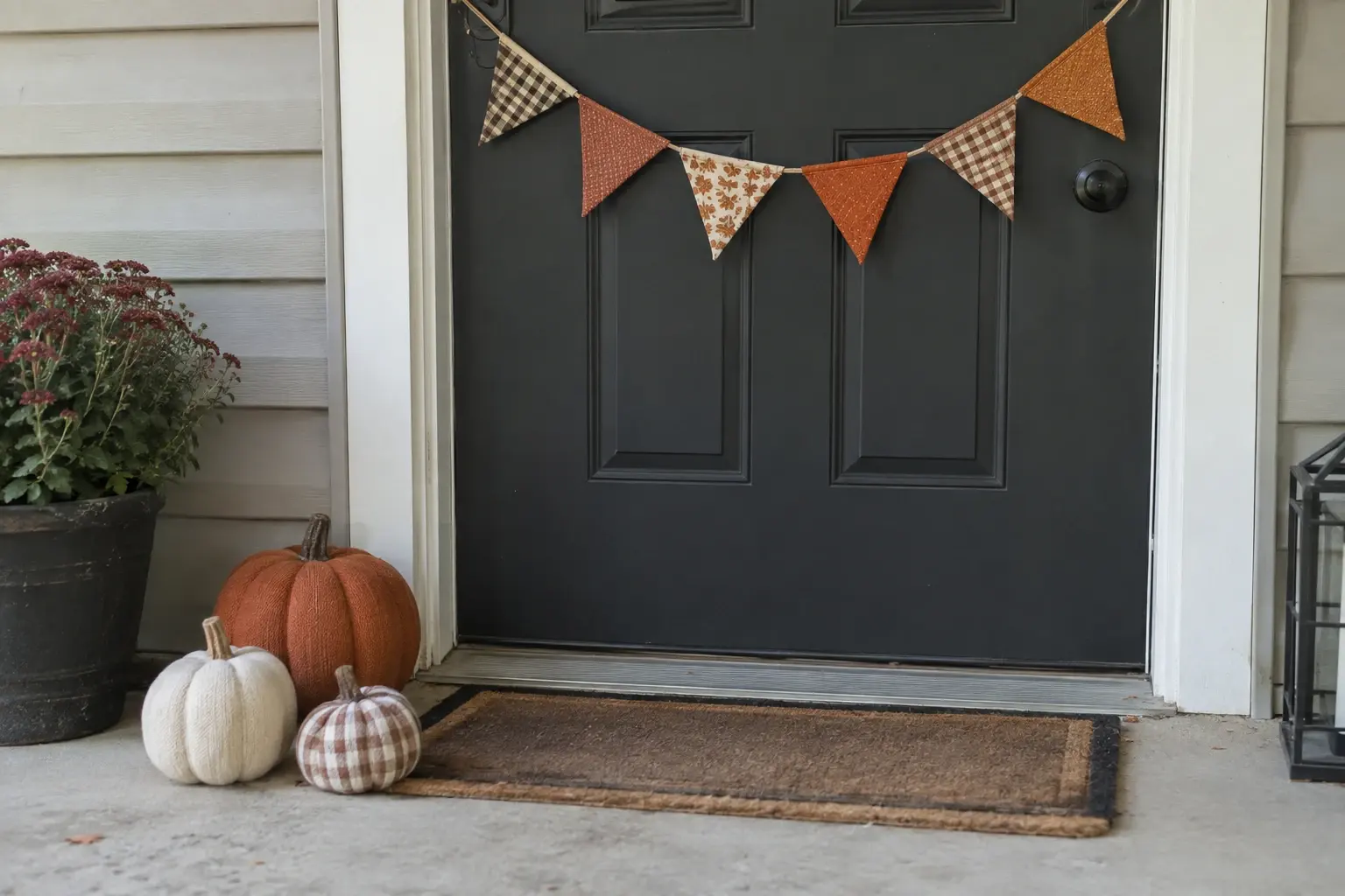 A front porch with three fabric pumpkins by the door and a patterned fall bunting across it.