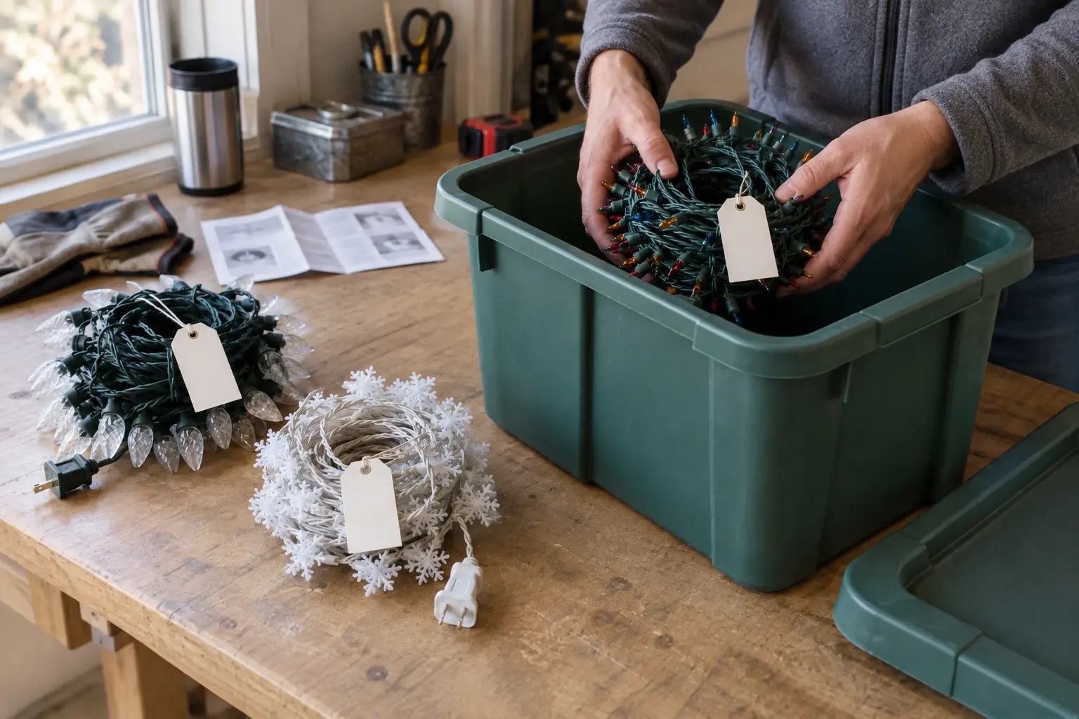 Hands placing a tagged reel of holiday lights into a green tote on a workbench.